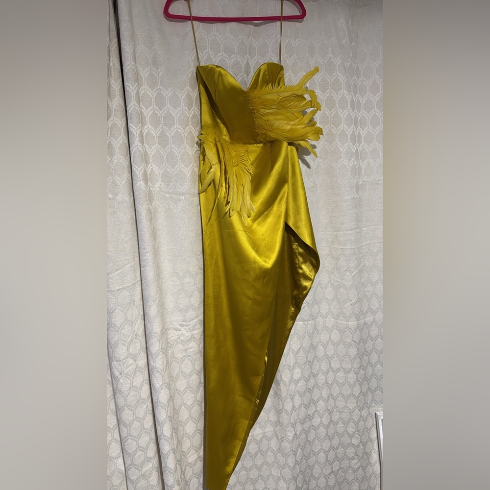 Luxe Strapless Yellow Dress with Feather Detail
